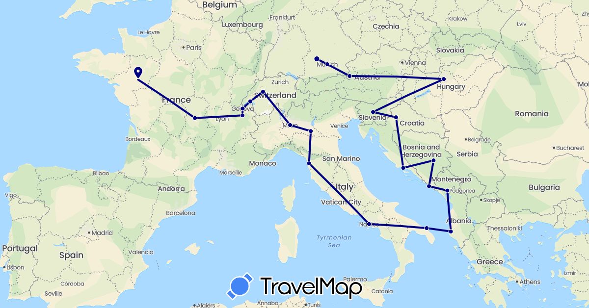 TravelMap itinerary: driving in Albania, Bosnia and Herzegovina, Switzerland, Germany, France, Croatia, Hungary, Italy, Montenegro, Slovenia (Europe)